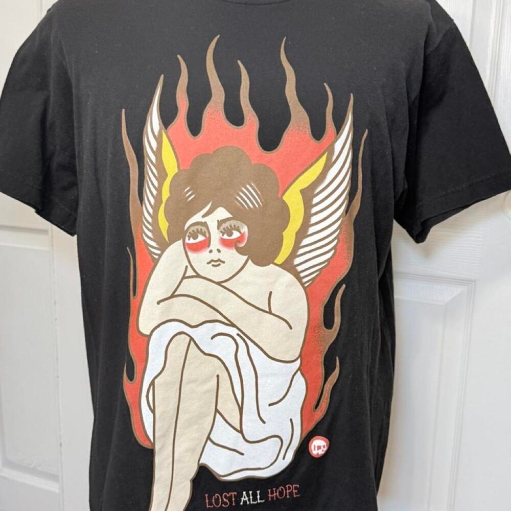 Teen Hearts Lost All Hope Angel Flame Graphic T-Shirt Black Large Emo Scene Tee